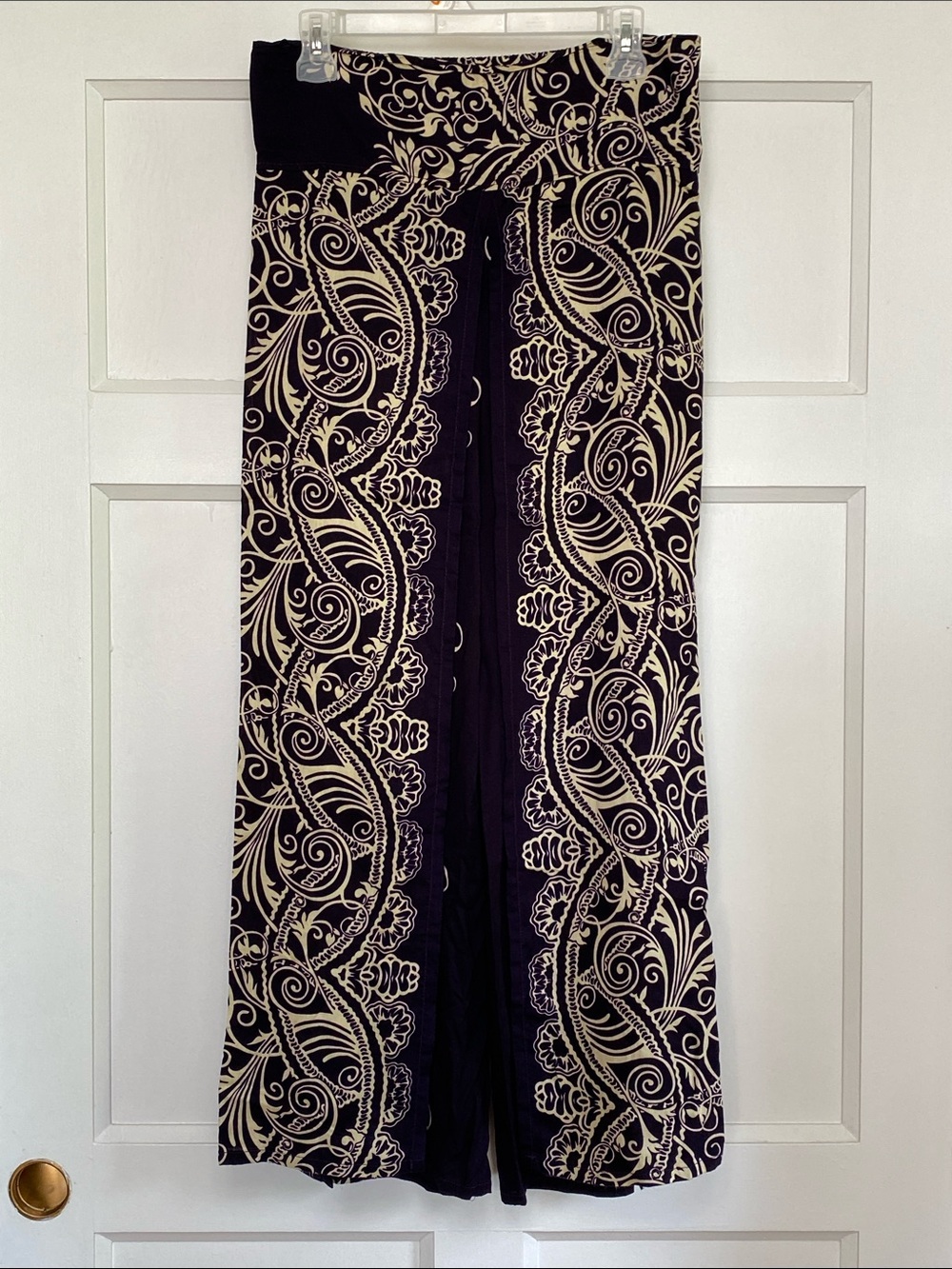 Wide-Leg Paisley Print Fold-Over Palazzo Pants | Purple and Cream